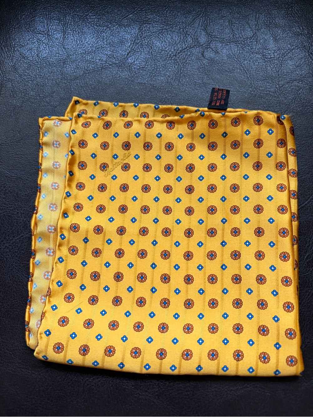 Sara Battaglia Yellow Pocket Square with Blue and Brown Floral Dots